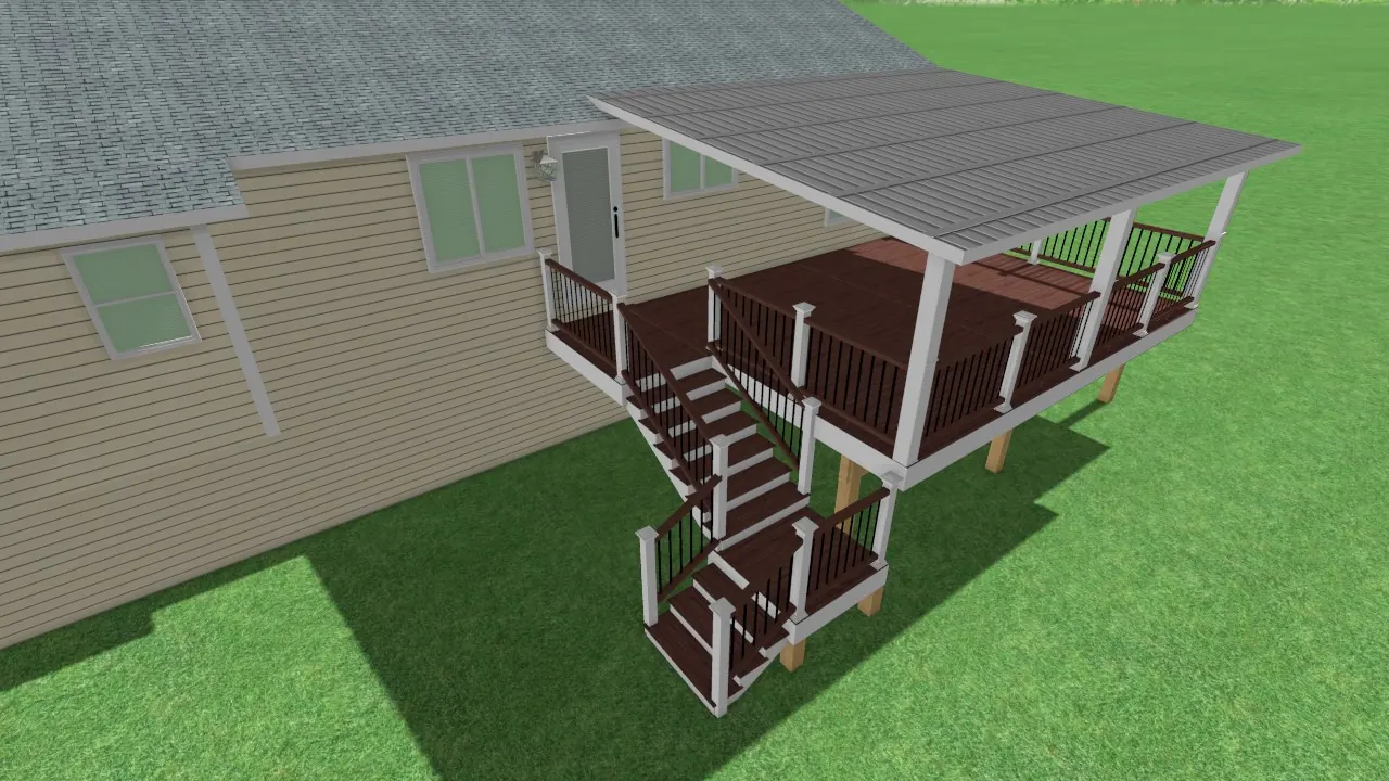 3D design of a covered deck roof attached to the house