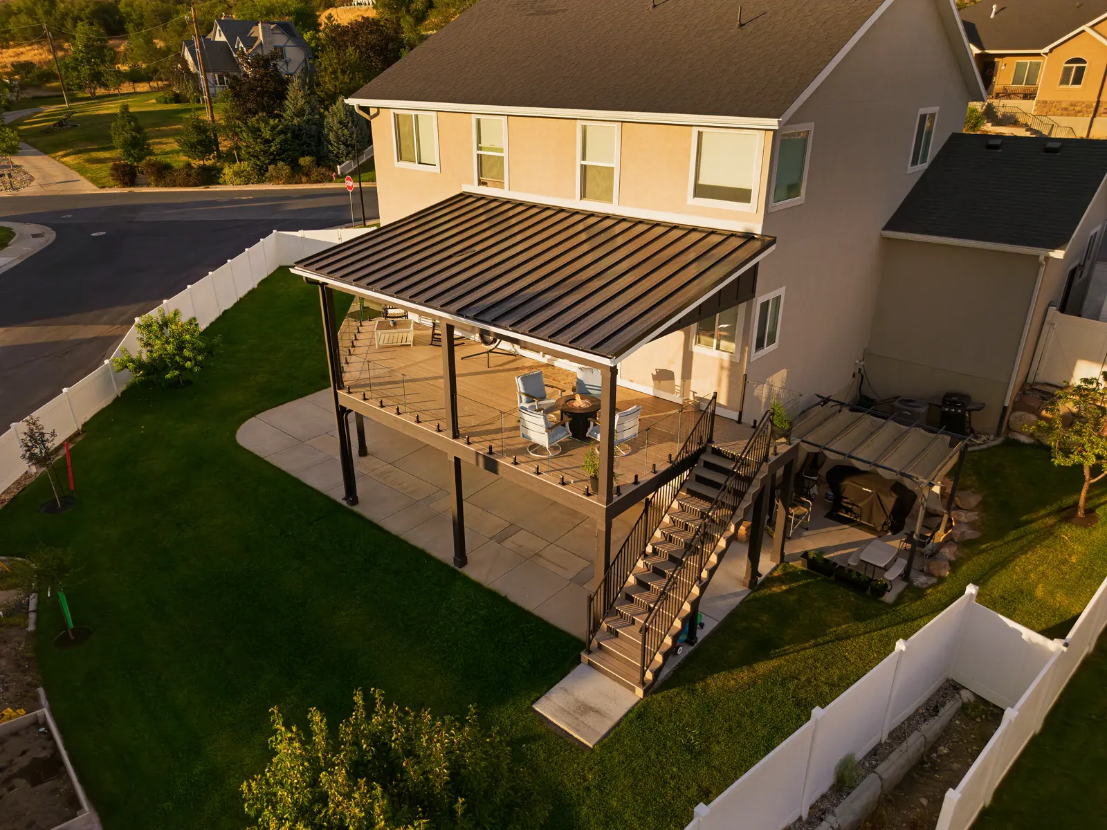 Aerial view of deck stairs down to the backyard
