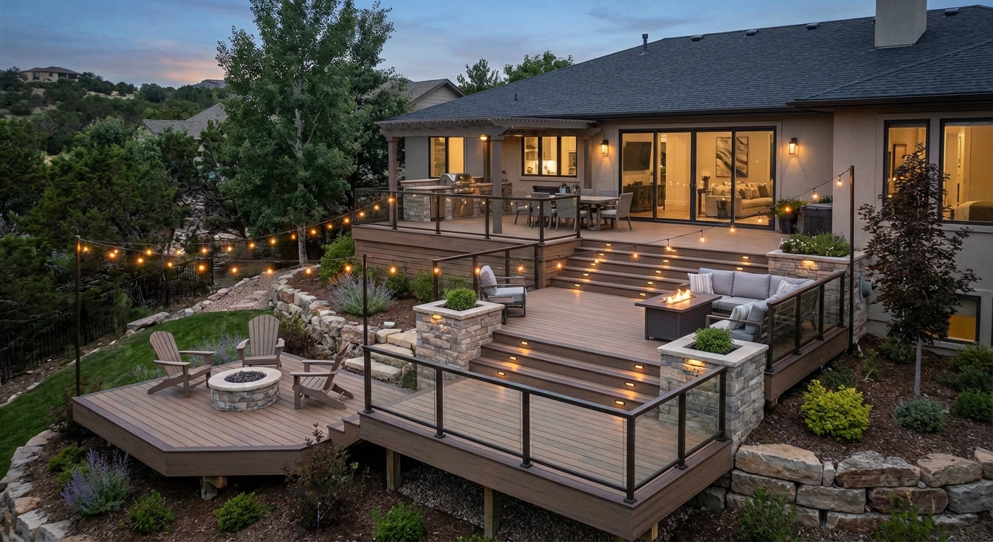 Multi-level deck in Highland showcasing function and style with various outdoor living zones