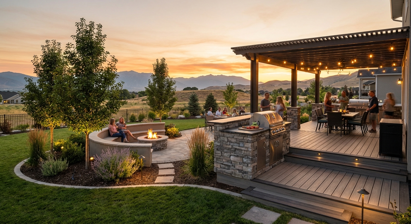 Outdoor entertainment space design with custom features in Highland